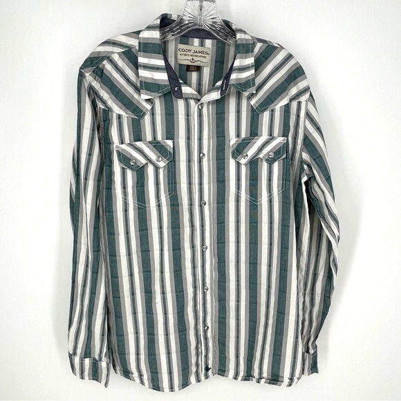 Cody James Authentic Western Apparel Pearl Snap Long Sleeve Green Gray Large - Picture 1 of 8